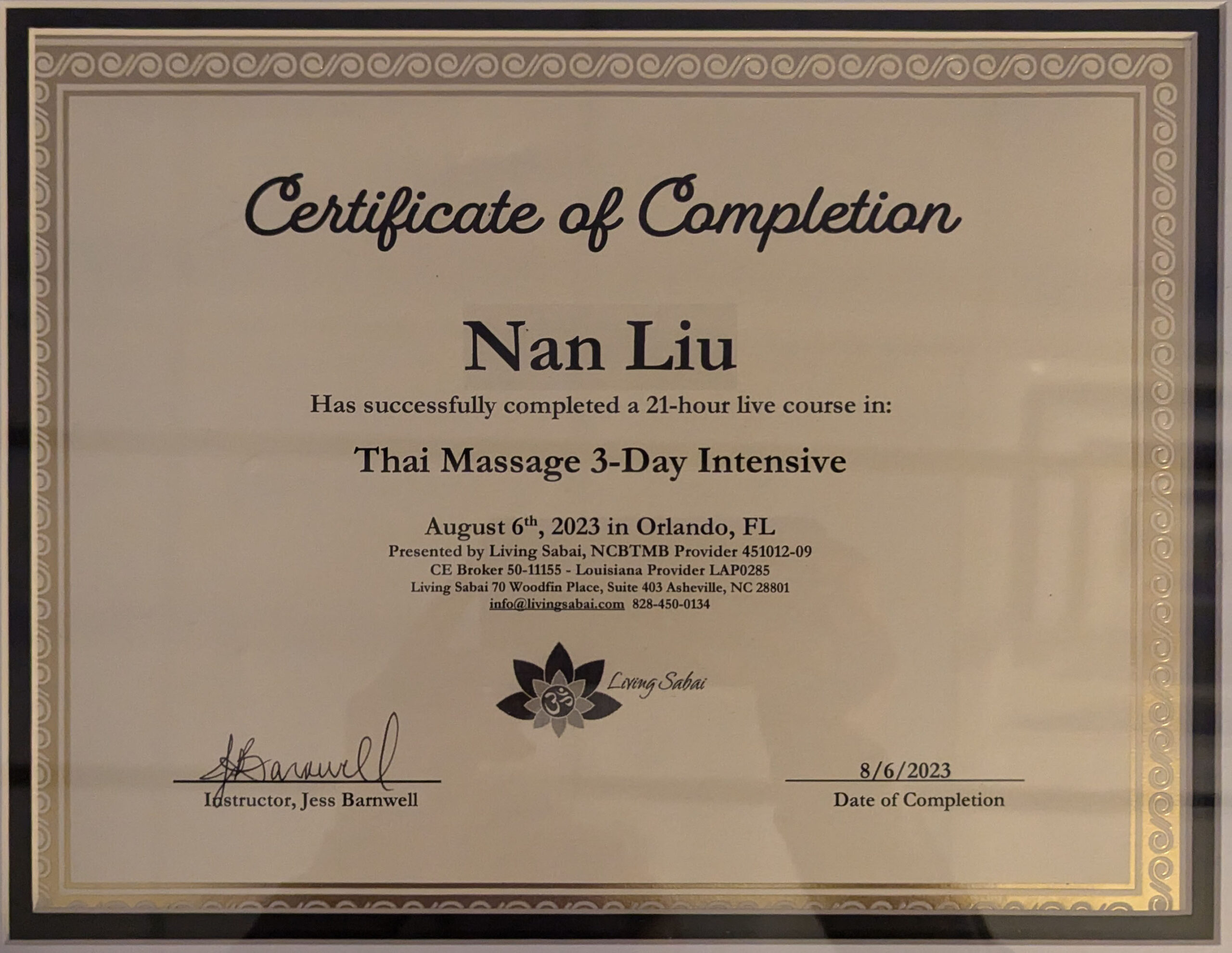 NanLiuThaiMassageCertificate